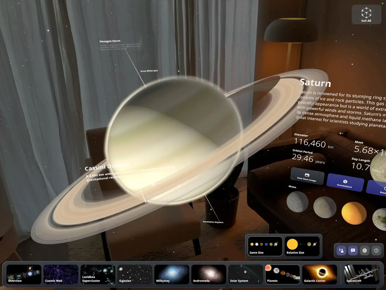 Saturn and its moons visualized in augmented reality on iPad