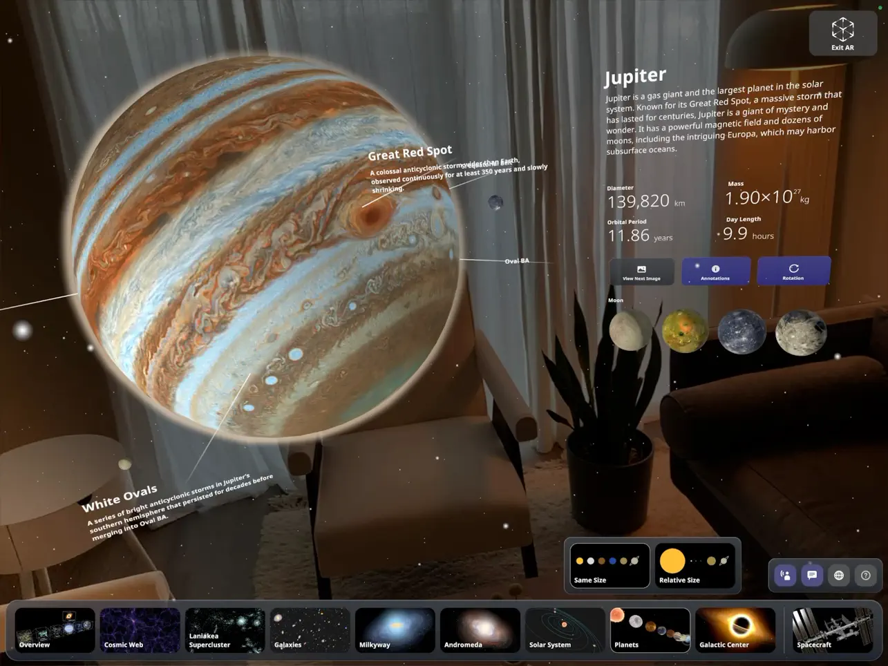 Jupiter and its moons visualized in augmented reality on iPad
